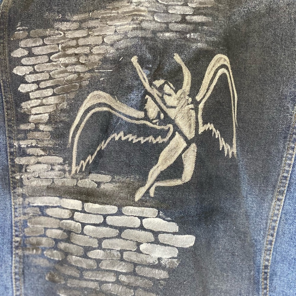 Custom painted 70s lined Trucker jean jacket Led Zeppelin Swan Song Pink Floyd